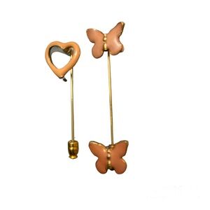 2 Vintage enamel stick hat pins, gold toned. Heart and Double Butterfly.